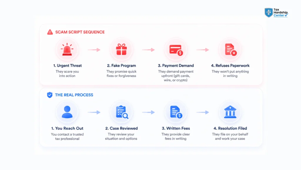 Comparison of tax debt relief scam warning signs and legitimate tax relief company practices