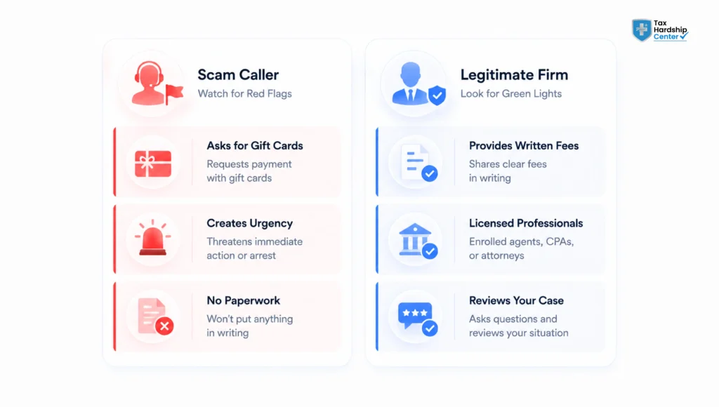 Tax debt relief scams process compared with the legitimate tax resolution process