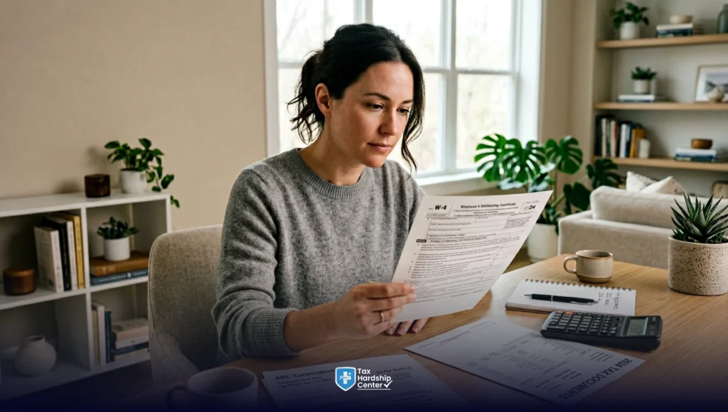 Person reviewing W-4 form with tax documents and calculator on desk
