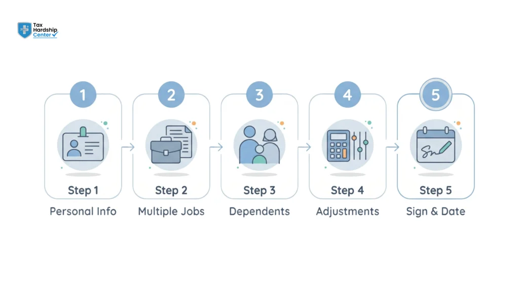 Step-by-step visual guide for completing IRS Form W-4, from personal information to signing and dating