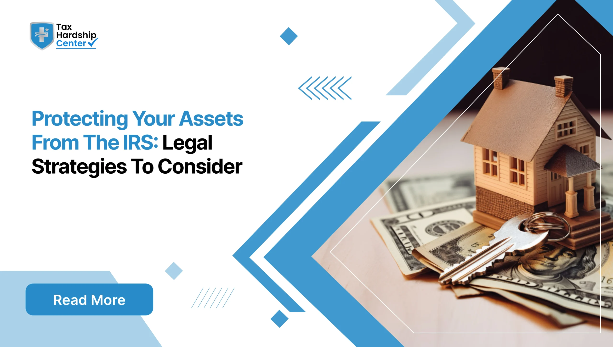 Tax Hardship Center graphic titled Protecting Your Assets From The IRS Legal Strategies To Consider showing a miniature model house sitting on a stack of US dollar bills next to house keys