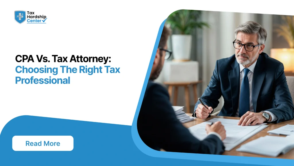Graphic displaying text 'CPA Vs. Tax Attorney: Choosing The Right Tax Professional' alongside a consultation between a tax professional in a suit and a client at a desk.