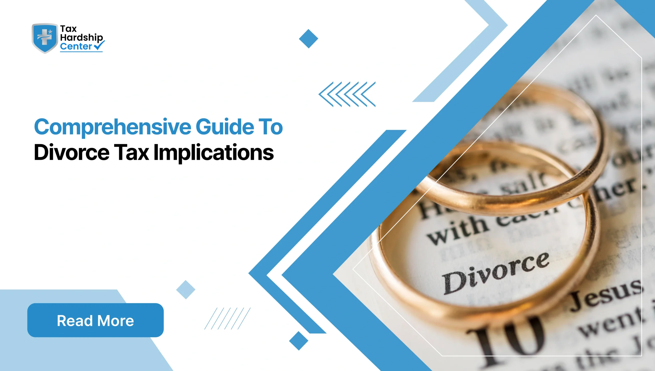 Graphic displaying text 'Comprehensive Guide To Divorce Tax Implications' alongside two wedding rings resting on top of a legal document featuring the word 'Divorce'.