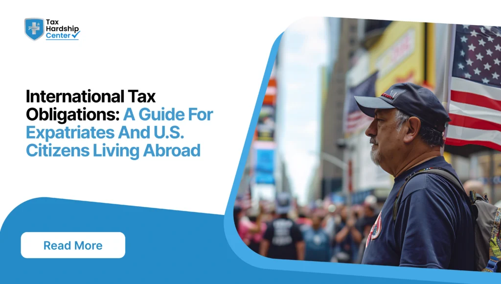 Graphic displaying text 'International Tax Obligations: A Guide For Expatriates And U.S. Citizens Living Abroad' alongside a man holding a American flag outdoors