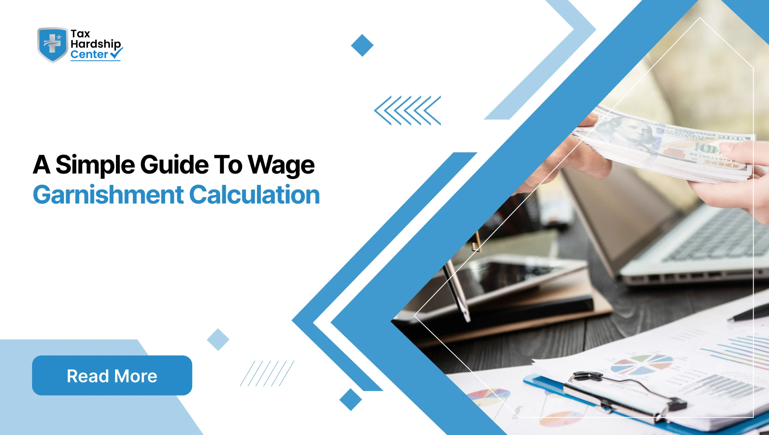 Graphic displaying text 'A Simple Guide To Wage Garnishment Calculation' alongside a person handing over cash near financial spreadsheets.