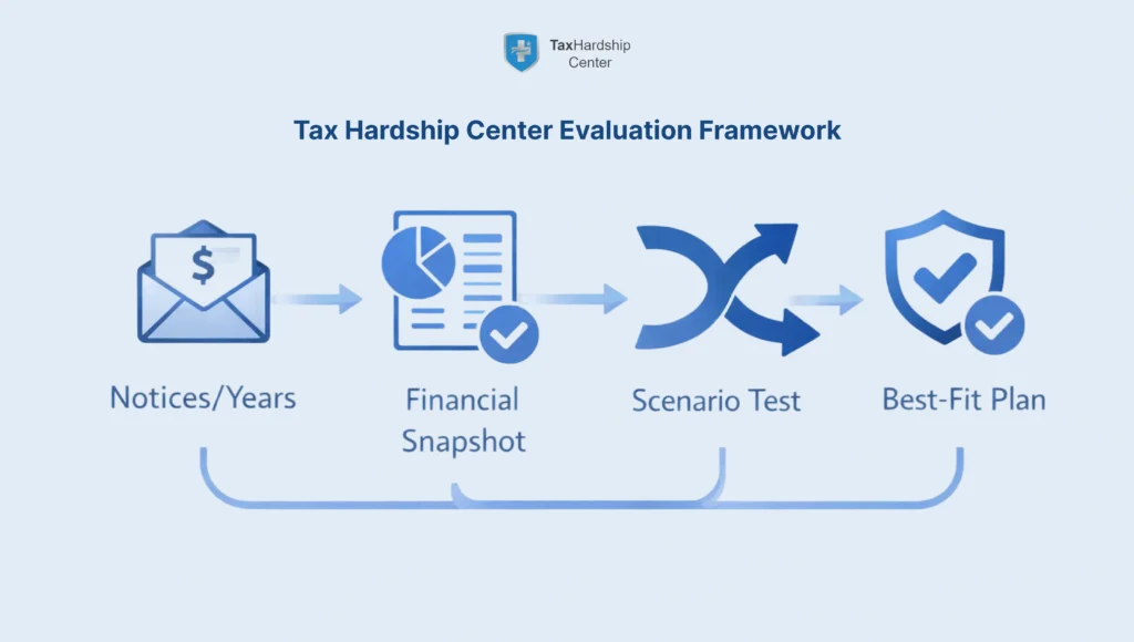 Four-step visual showing how Tax Hardship Center evaluates IRS Fresh Start cases through notice review, financial analysis, scenario testing, and a best-fit relief plan
