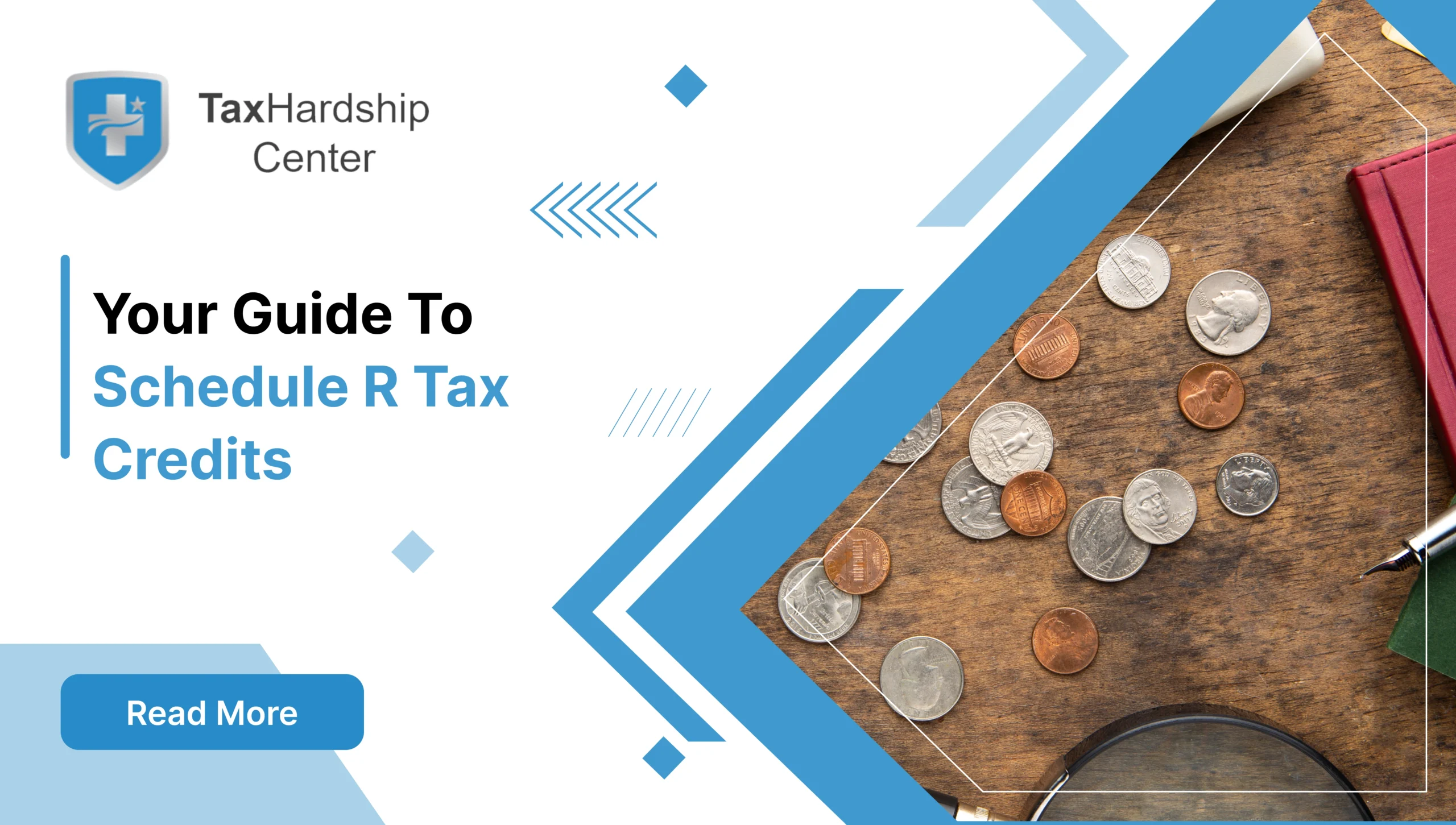 U.S. coins on a wooden table representing Schedule R tax credits and federal tax benefits.