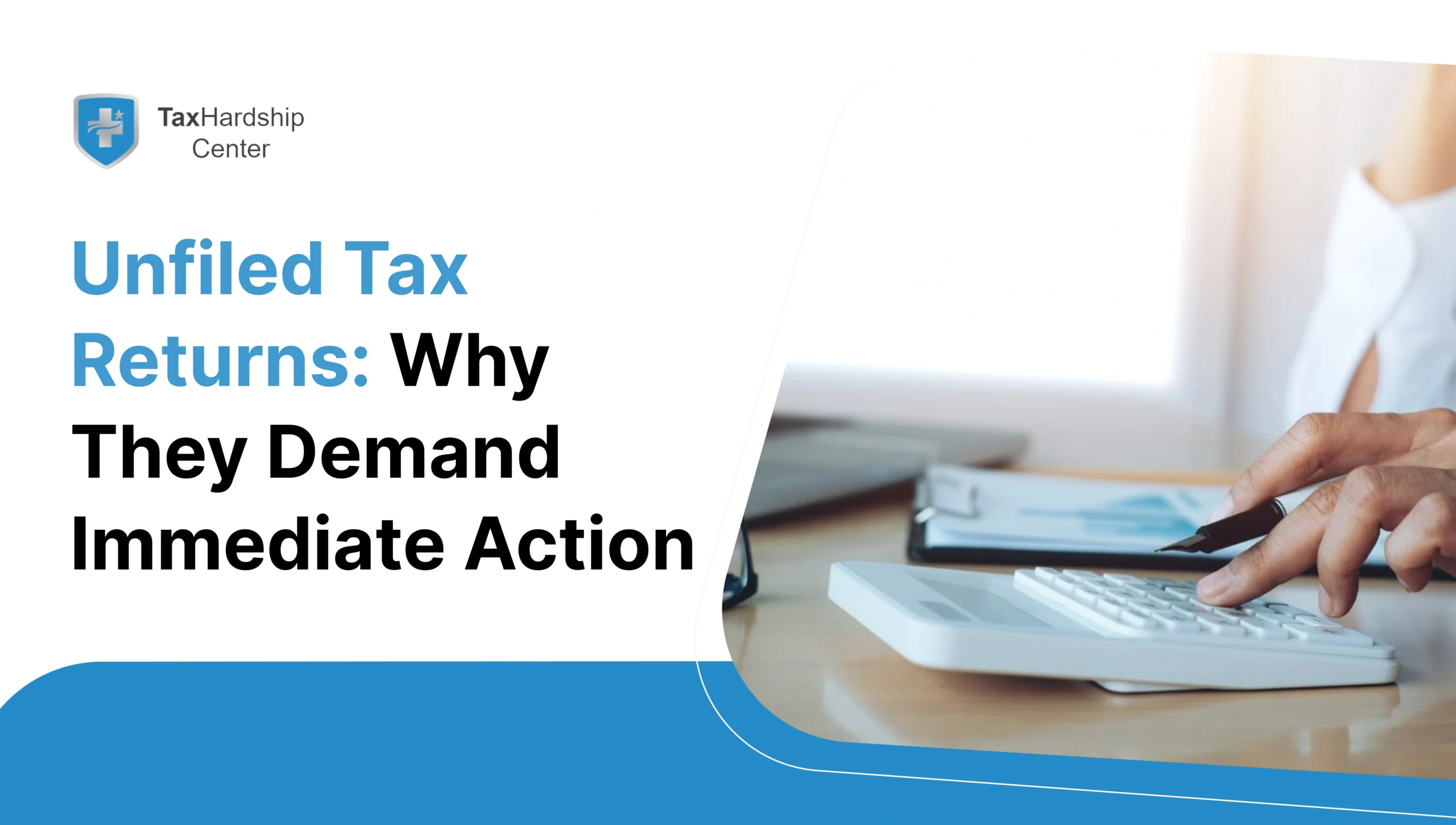 Person using a calculator while reviewing financial documents, representing unfiled tax returns and the need for immediate tax filing action.