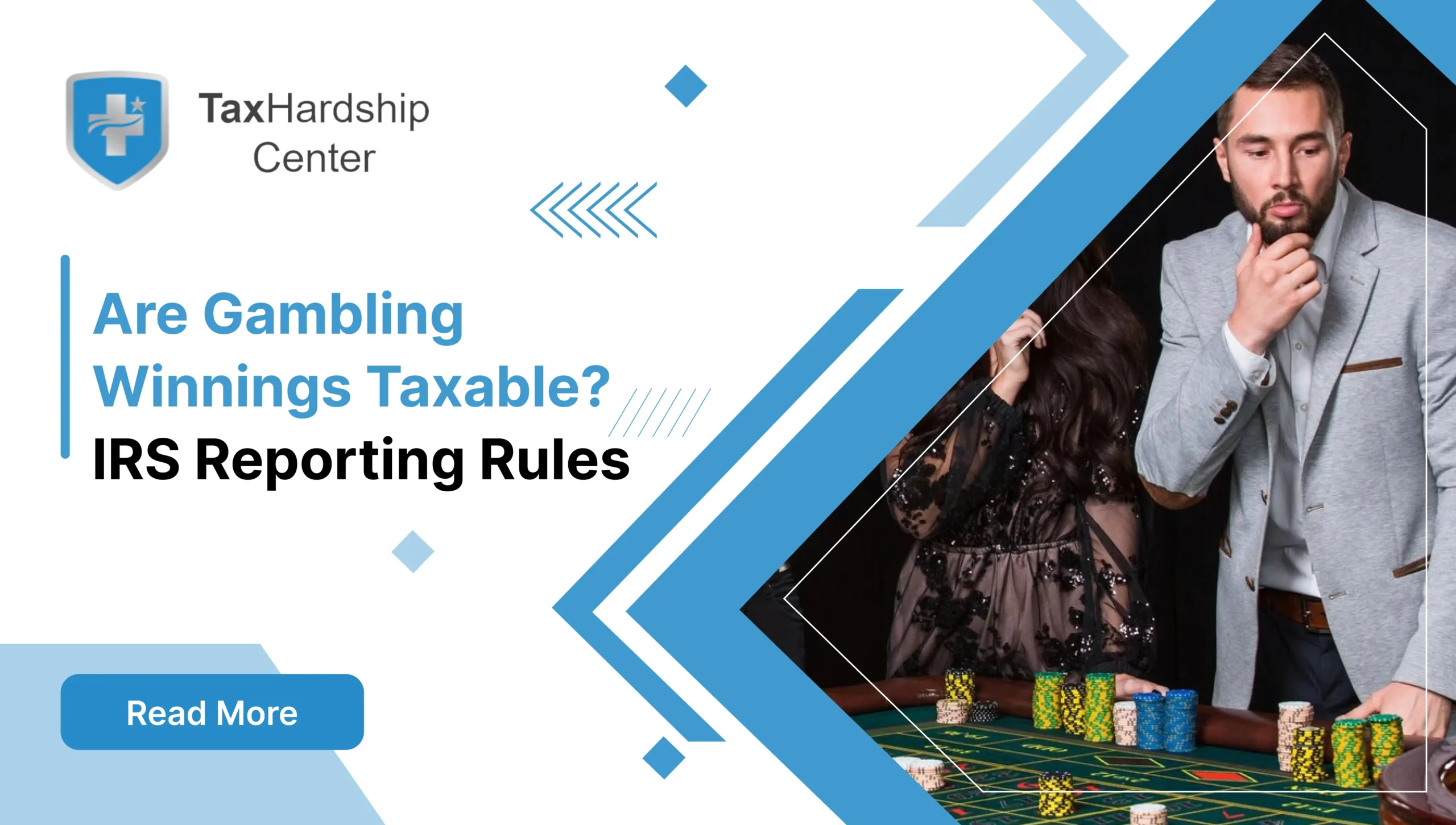 Tax Hardship Center graphic explaining whether gambling winnings are taxable and the IRS reporting rules for gambling income.