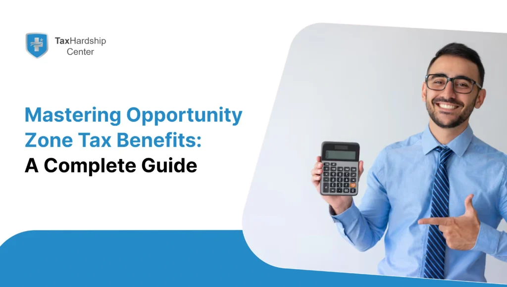 Tax professional holding a calculator while explaining Opportunity Zone tax benefits and potential tax savings.