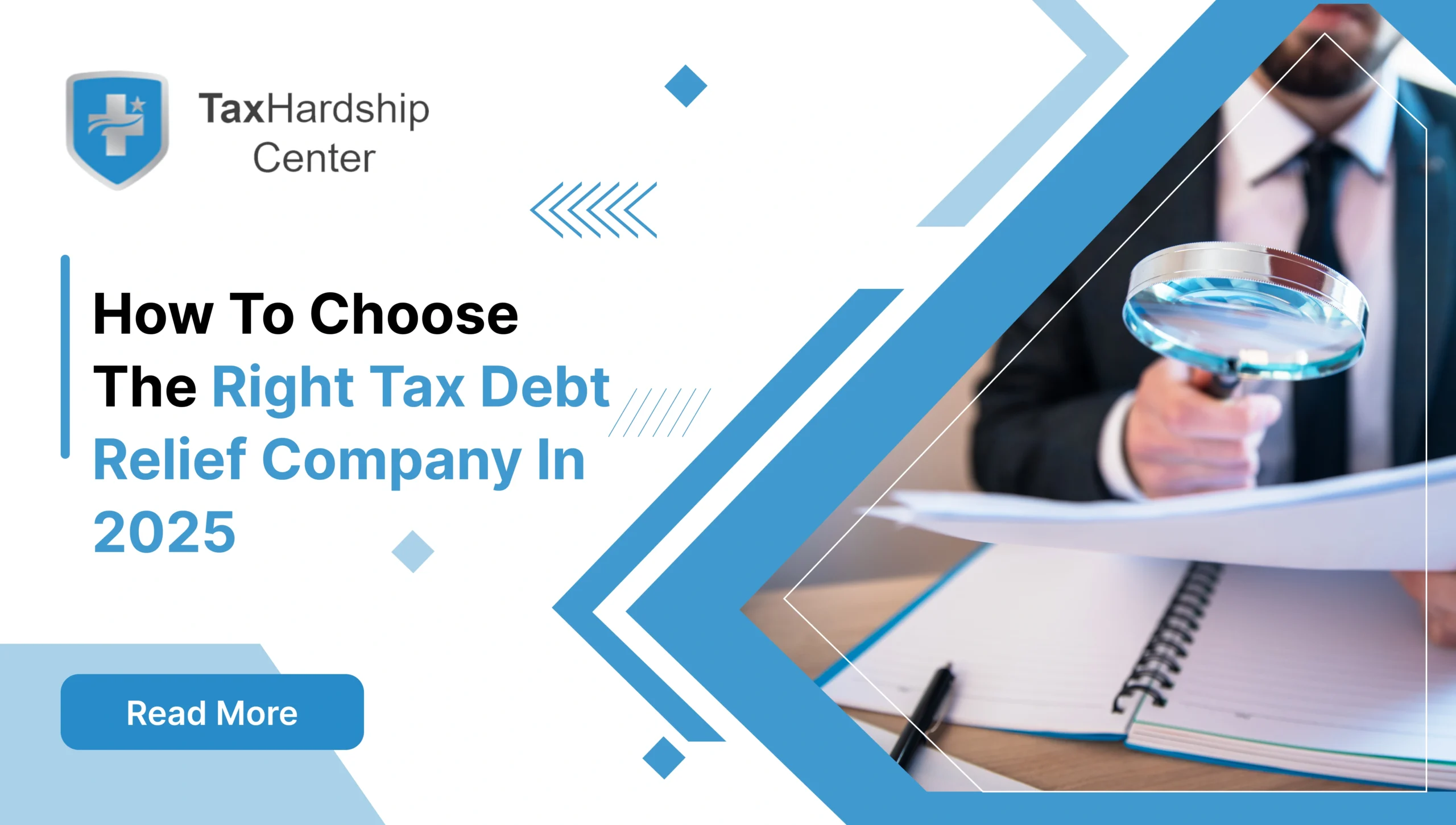 Tax professional reviewing documents with a magnifying glass, representing how to choose a reliable tax debt relief company.