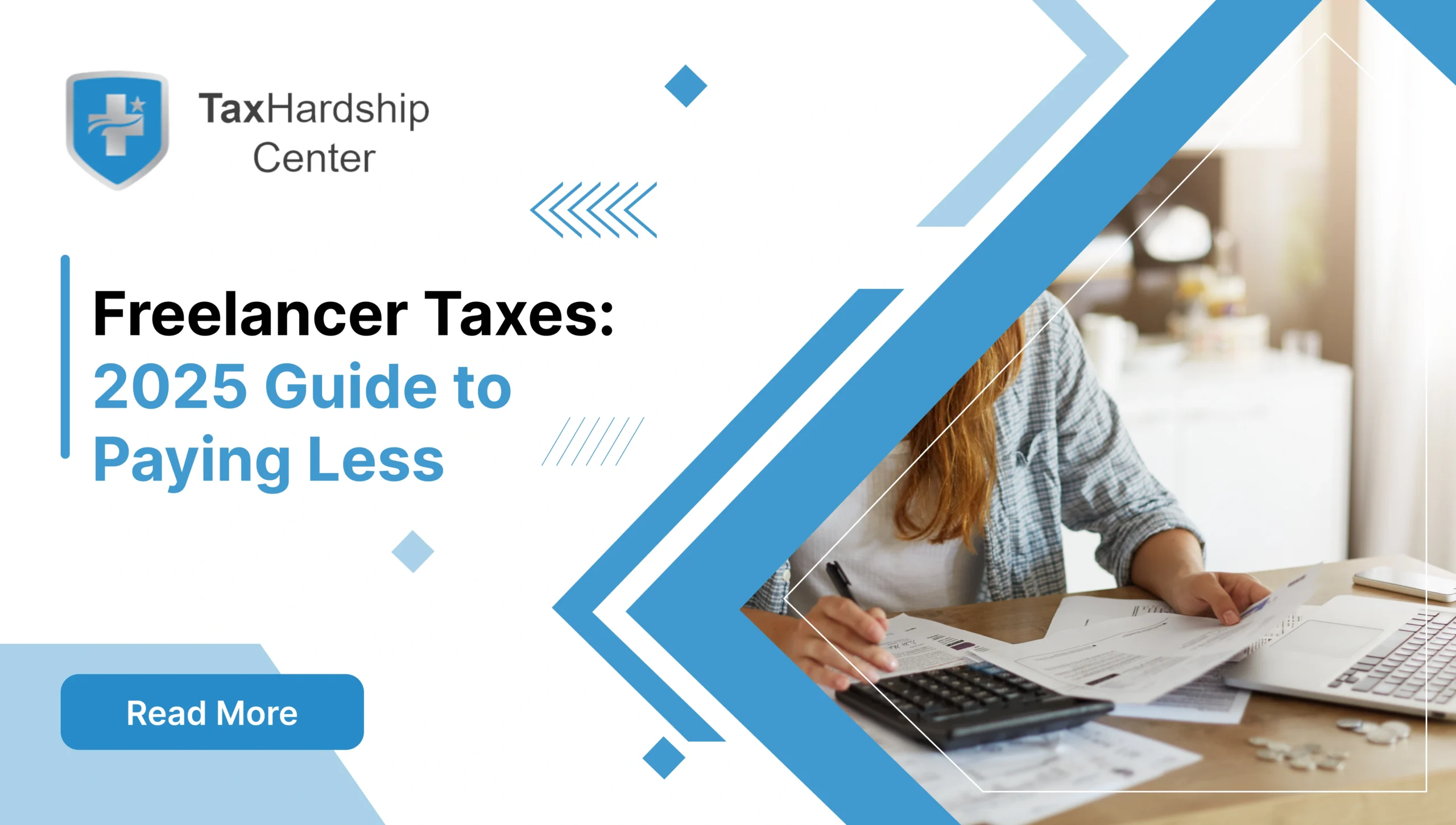Freelancer reviewing tax documents and calculating expenses for 2025 tax planning and savings. Suggested File Name: