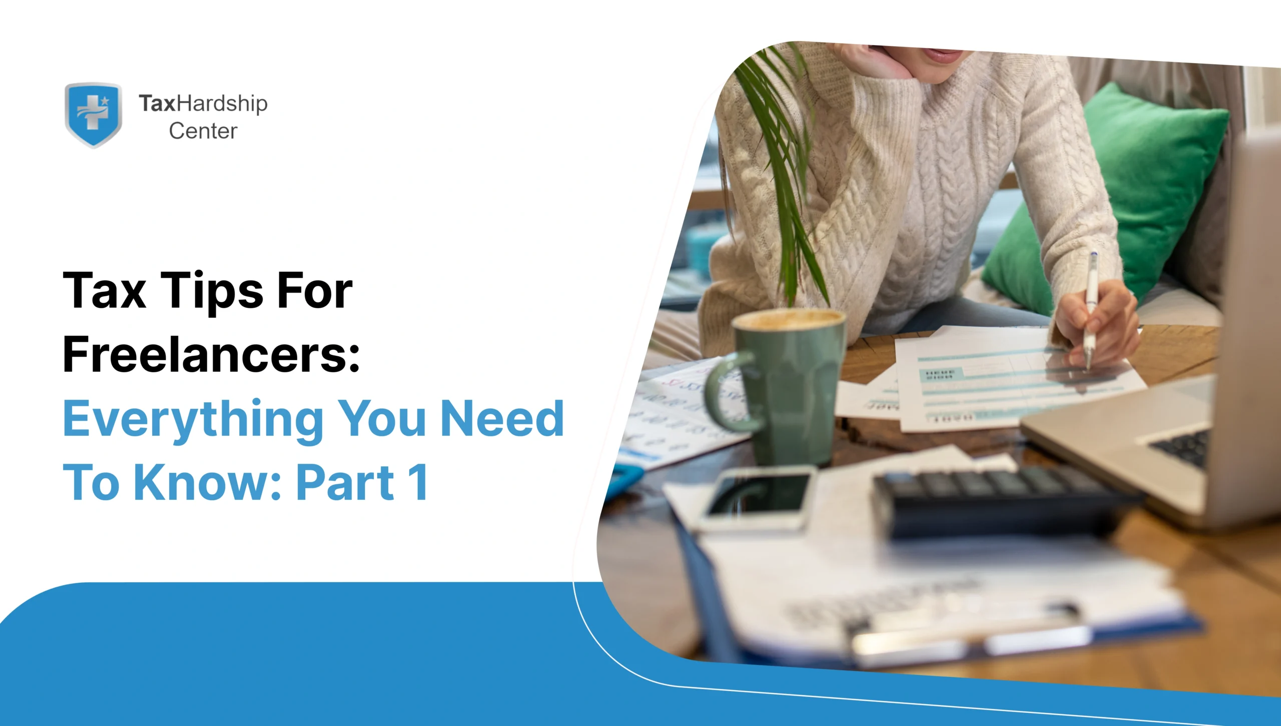Freelancer reviewing financial documents and calculating expenses while preparing taxes.