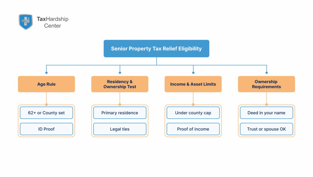 Flowchart showing age, residency, income, and ownership checks for senior property tax relief eligibility.