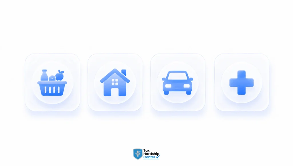 Four minimal icons representing food, housing, transportation, and medical expense categories