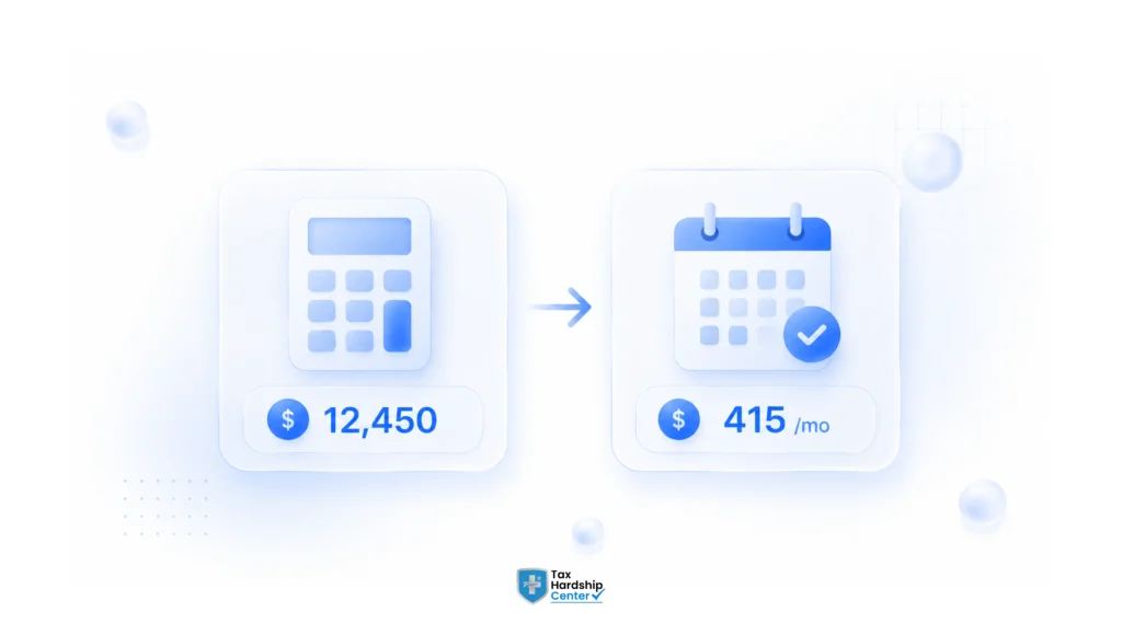 Example showing a $12,450 IRS tax balance converted into an estimated $415 monthly payment
