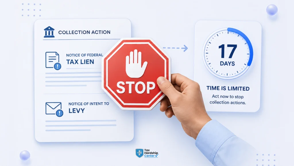 IRS collection action graphic showing tax lien and levy notices and the importance of responding quickly