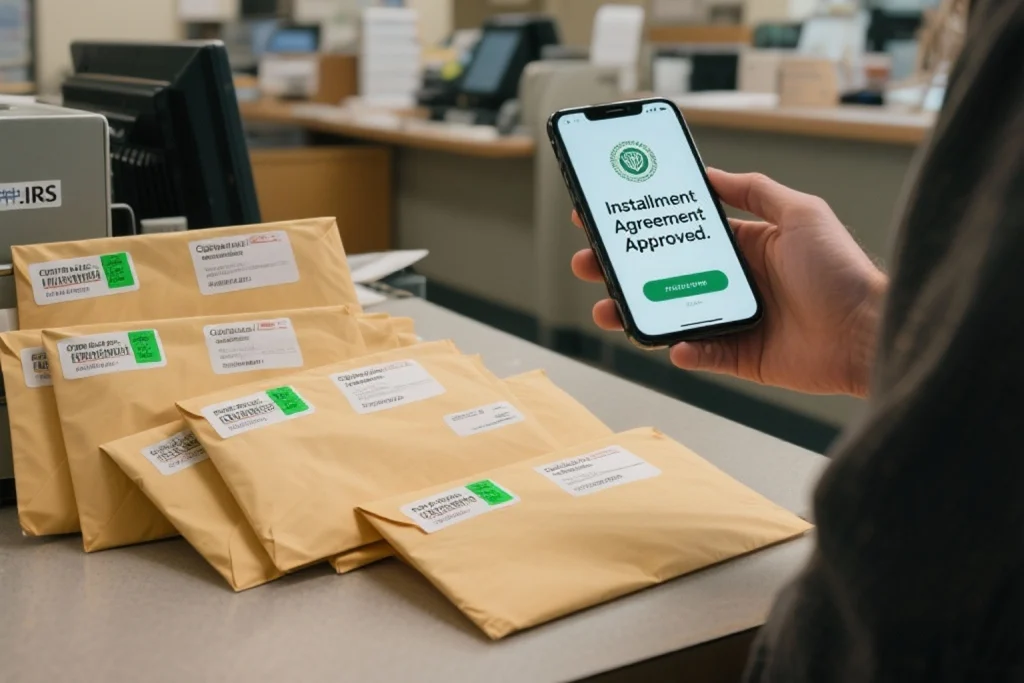 Mailed tax return envelopes beside a phone showing an approved IRS installment agreement