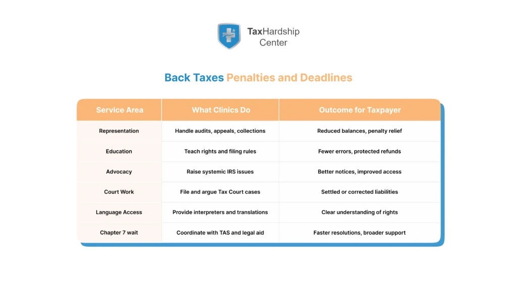 Low Income Taxpayer Clinic services including IRS representation, education, advocacy, Tax Court help, language access, and legal aid support