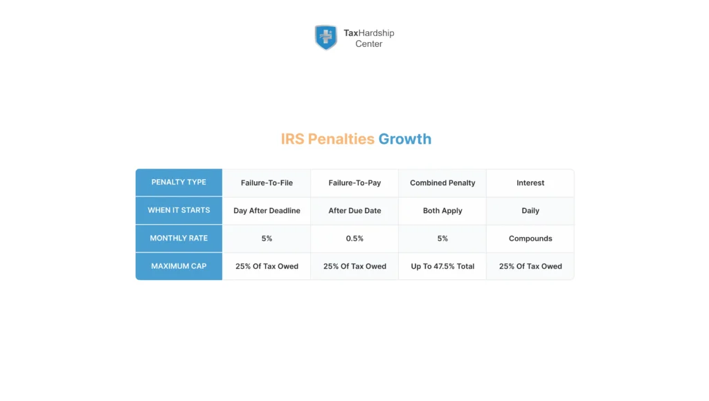 Table showing IRS penalty growth for unfiled returns, including failure-to-file and failure-to-pay penalties and interest.