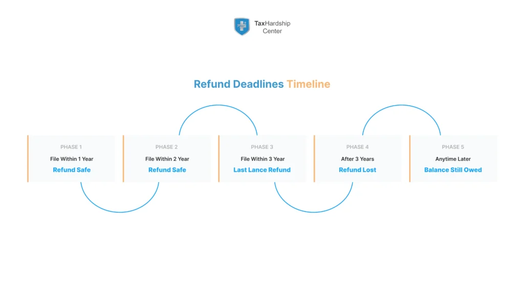 Timeline showing the three-year federal tax refund window and when refunds become unavailable