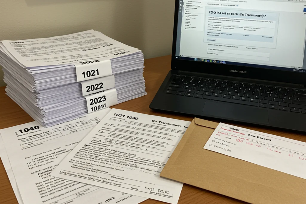 Prior-year tax forms organized by year beside a laptop showing an IRS tax transcript