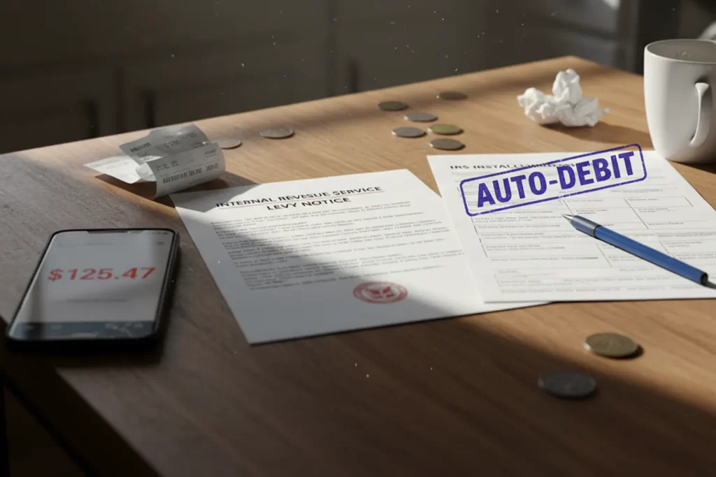 irs-back-tax-relief-scene-showing-wage-levy-notice-bank-account-and-installment-agreement-to-stop-collection.webp