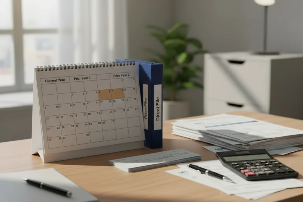 Calendar showing current year and two prior years beside folders for Free File and Direct File