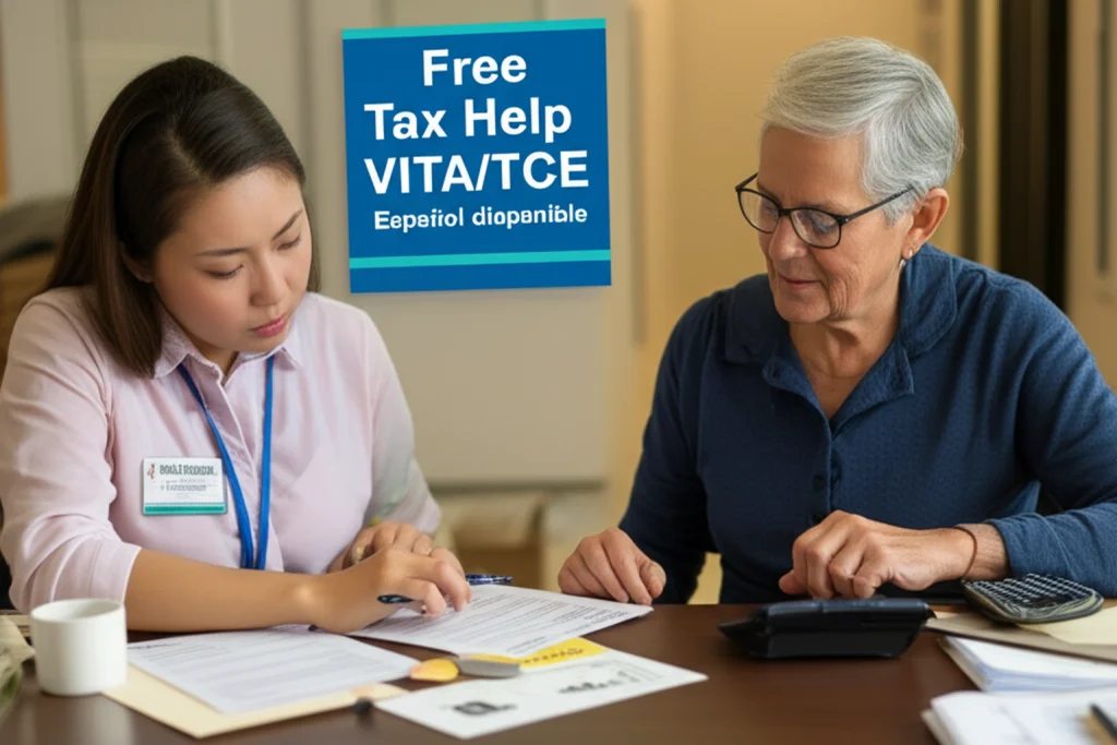 Taxpayer reviewing documents with a volunteer at a VITA or TCE free tax preparation assistance site