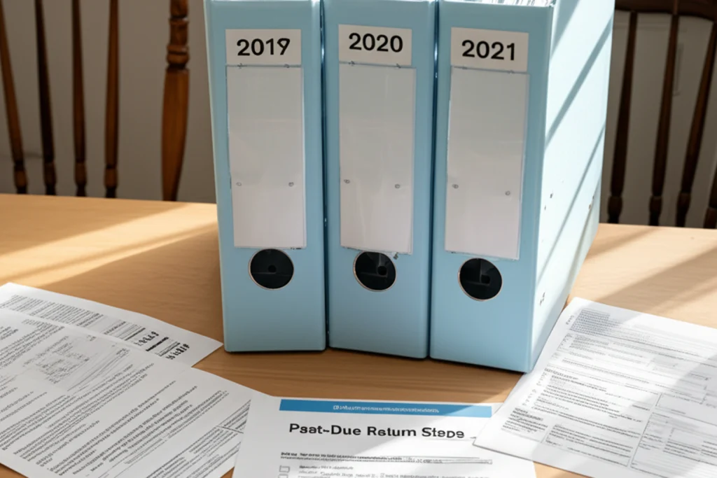 Prior-year tax documents organized in folders labeled by tax year with W-2s, 1099s, and filing checklists