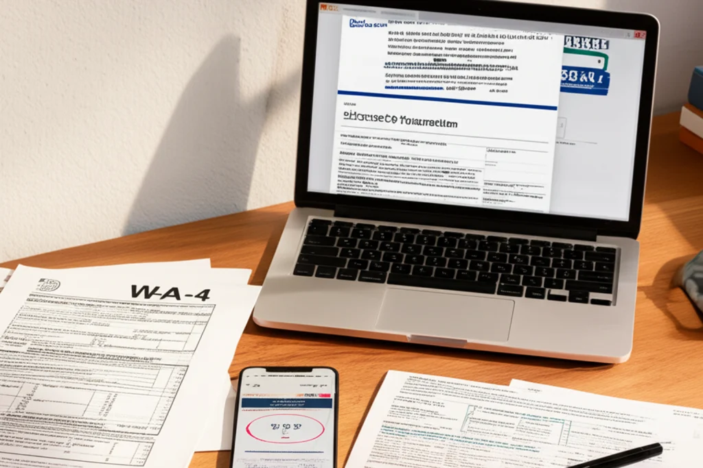 Tax forms and records arranged beside a laptop for filing back taxes online