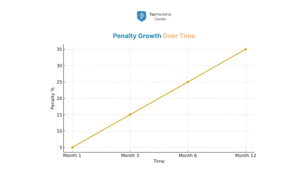 Line chart showing filing past taxes penalty growth from 5 percent in month one to 35 percent by month twelve