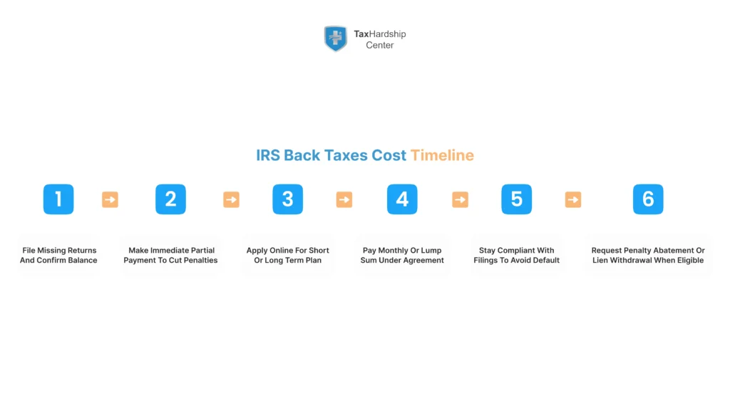 Timeline showing steps to pay IRS back taxes from filing missing returns through payment plans and penalty relief