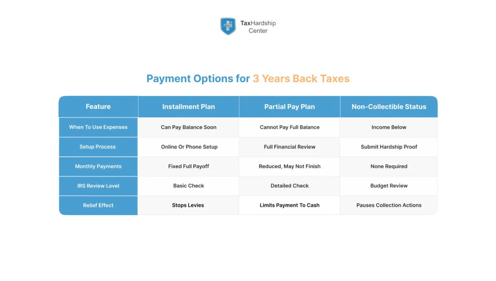 Comparison of IRS payment options for 3 years of back taxes, including installment, partial pay, and non-collectible status