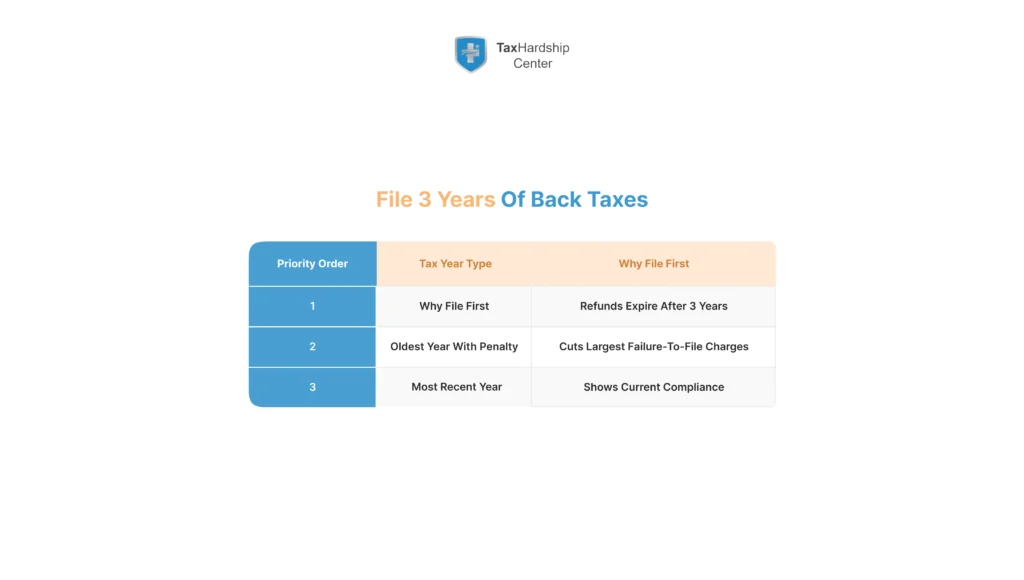 Priority order for filing 3 years of back taxes: refund year, oldest penalty year, and most recent year