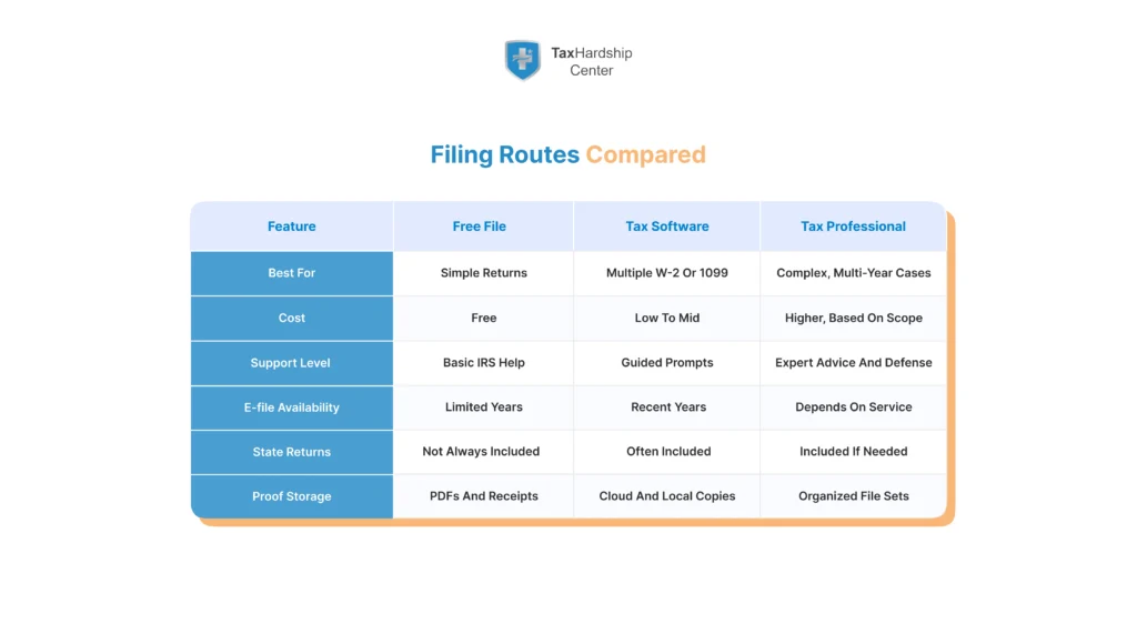 Comparison chart showing Free File, tax software, and tax professional options for filing back taxes