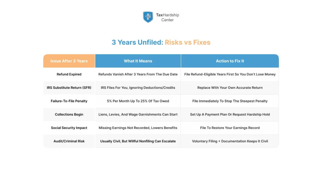 Key consequences of not filing taxes for 3 years and actions to fix unfiled IRS tax returns