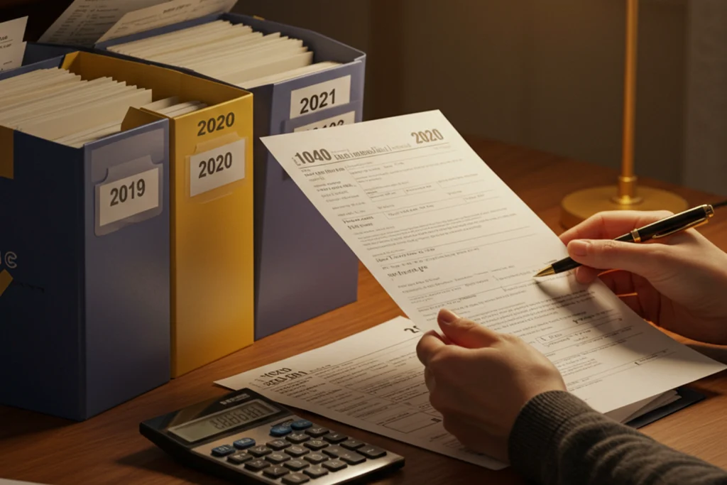 Filing past taxes with organized tax forms and documents from multiple previous years