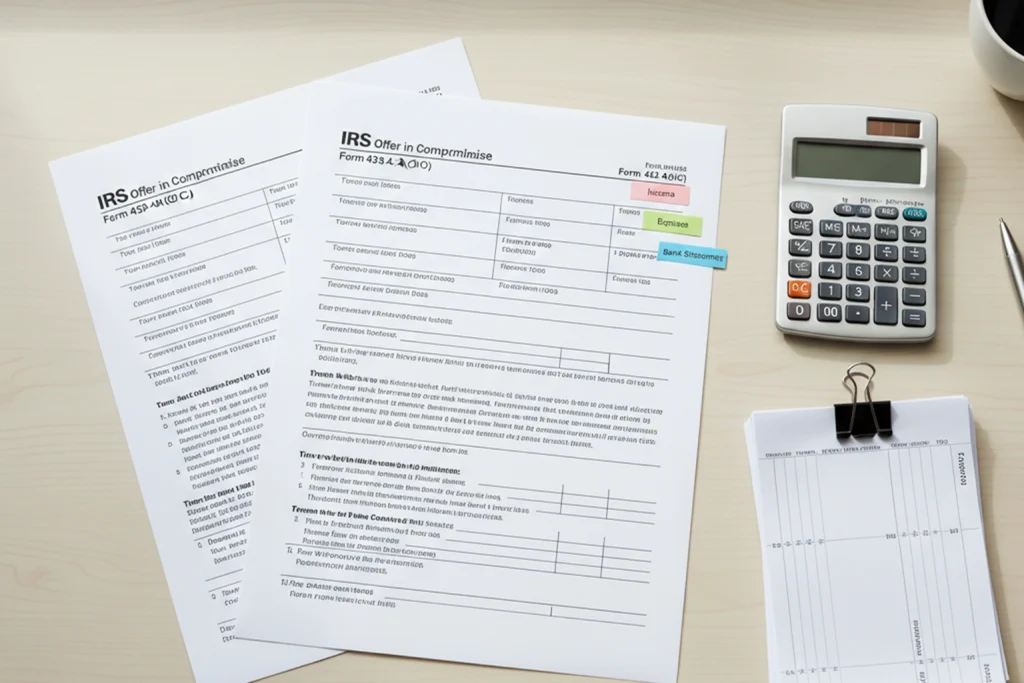 Offer in Compromise forms with income and expense proof for IRS tax forgiveness