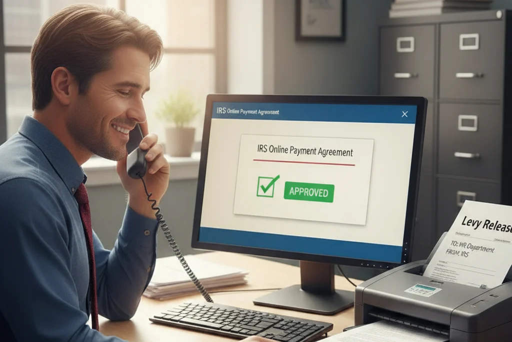 Taxpayer receiving approval for an IRS online payment agreement to resolve back taxes