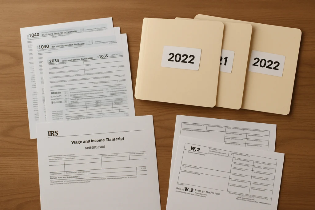 Prior-year tax forms, IRS wage and income transcript, W-2s, and labeled folders organized by tax year