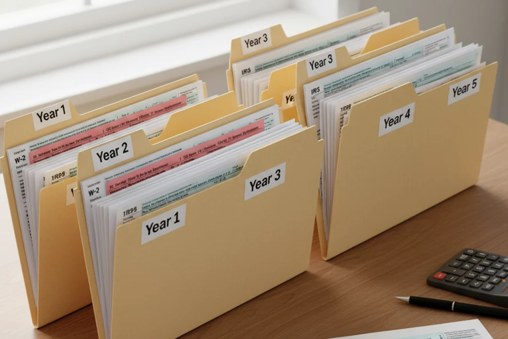 Tax folders organized by year showing documents for five years of unfiled tax returns