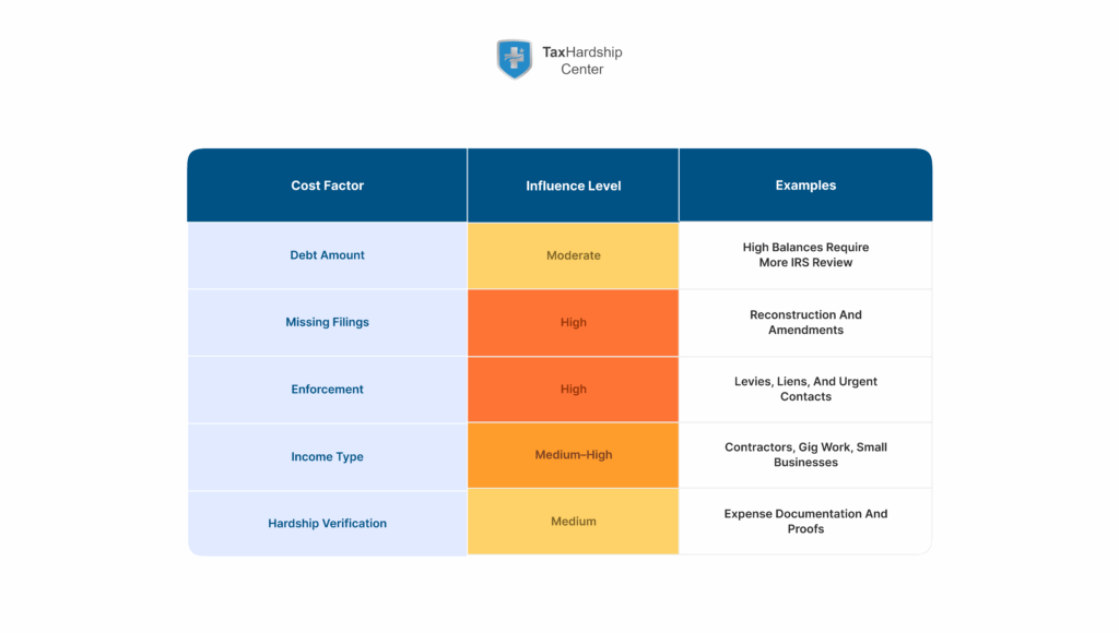 Graphic showing main factors that determine tax relief cost, including debt size, missing filings, and enforcement actions
