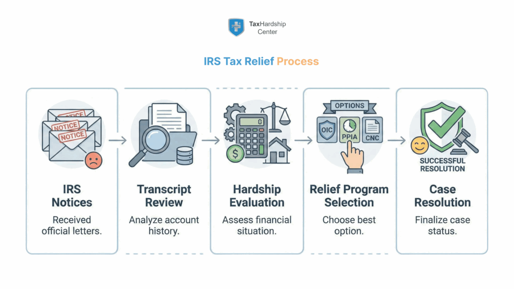 Illustration showing the IRS tax relief process from notices to transcript review, hardship evaluation, and final resolution.