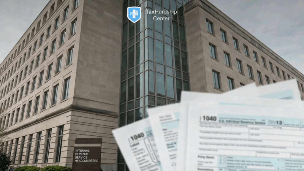 Image showing the IRS headquarters with financial paperwork illustrating how the IRS determines tax relief success.