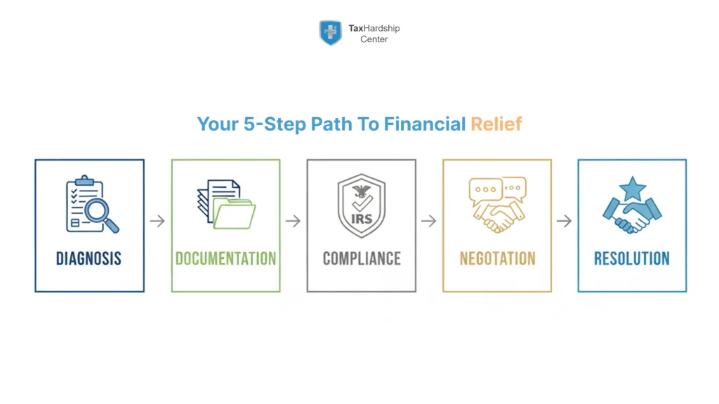 Five-step Tax Hardship Center tax relief process showing diagnosis, documentation, compliance, negotiation, and resolution.