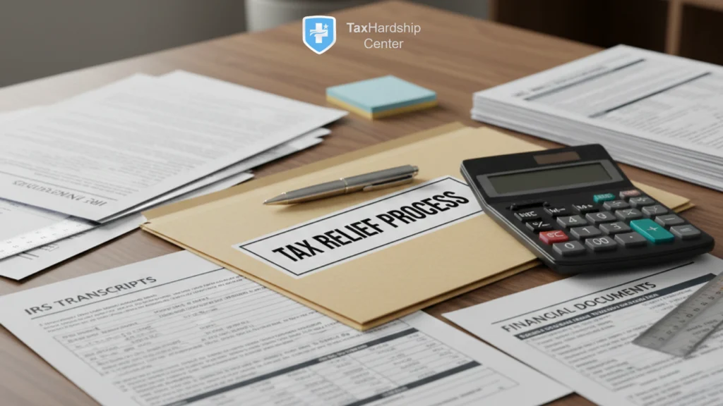 IRS transcripts, financial documents, and calculator representing the tax relief evaluation process.