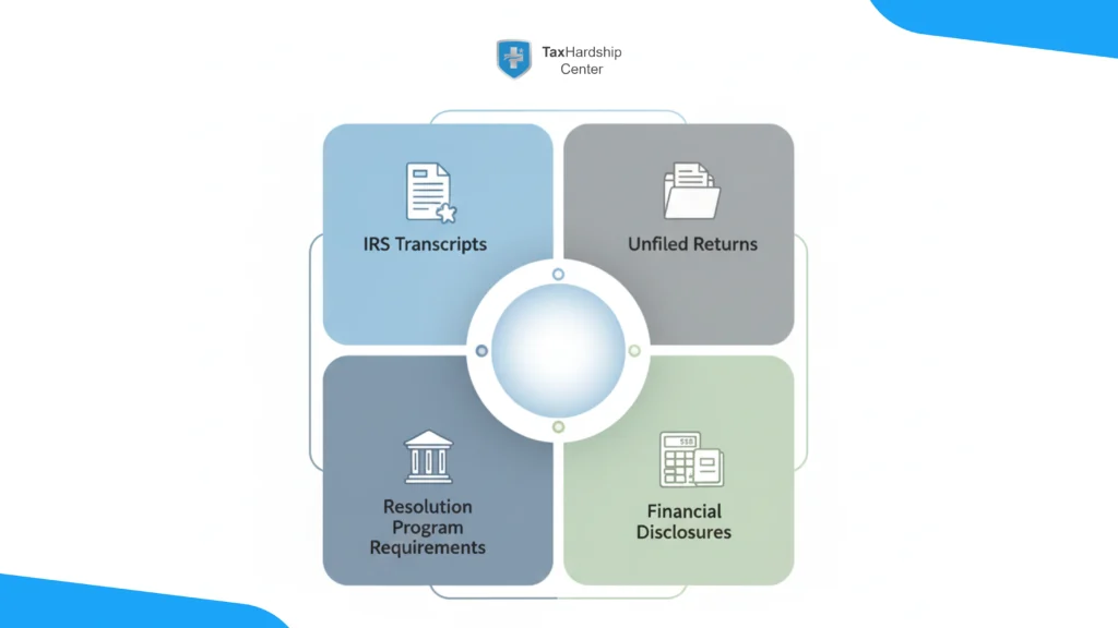Diagram showing interconnected factors that influence tax relief service costs, including IRS transcripts, unfiled returns, financial disclosures, and resolution program requirements.