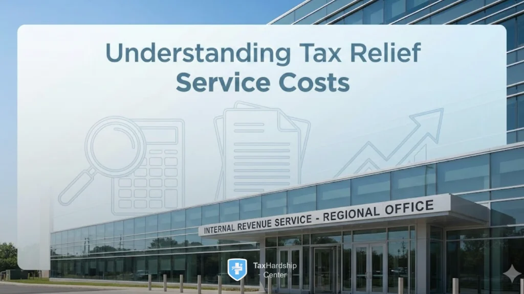IRS office building with design elements representing tax relief service costs, financial analysis, documentation, and professional tax resolution services.