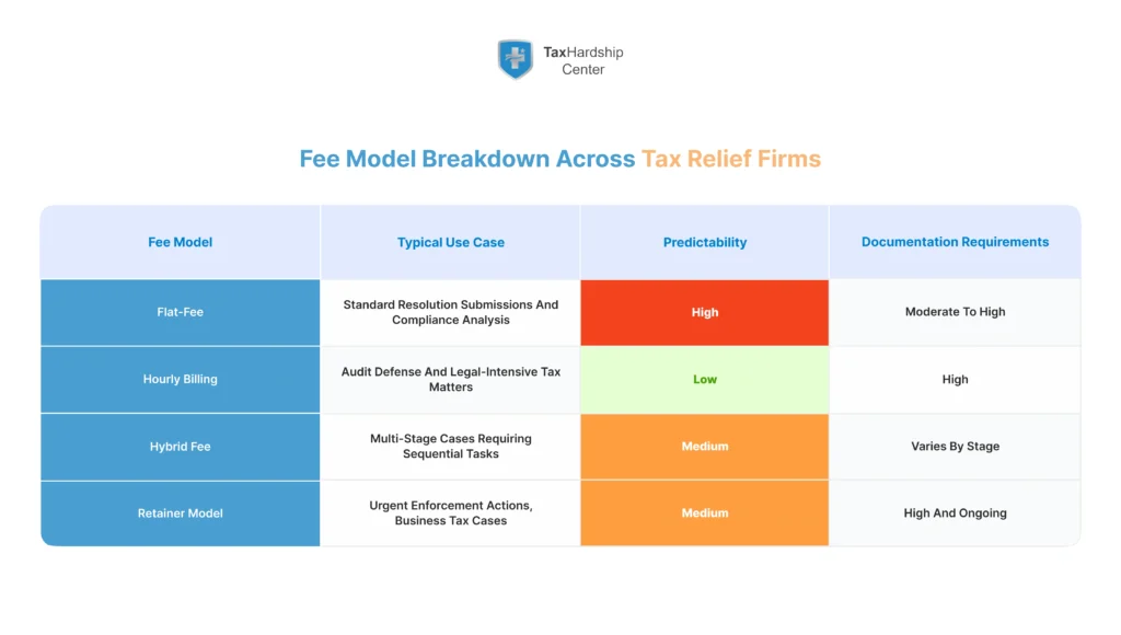 Comparison of flat-fee, hourly, hybrid, and retainer tax relief fee models showing typical use cases, predictability, and documentation requirements.